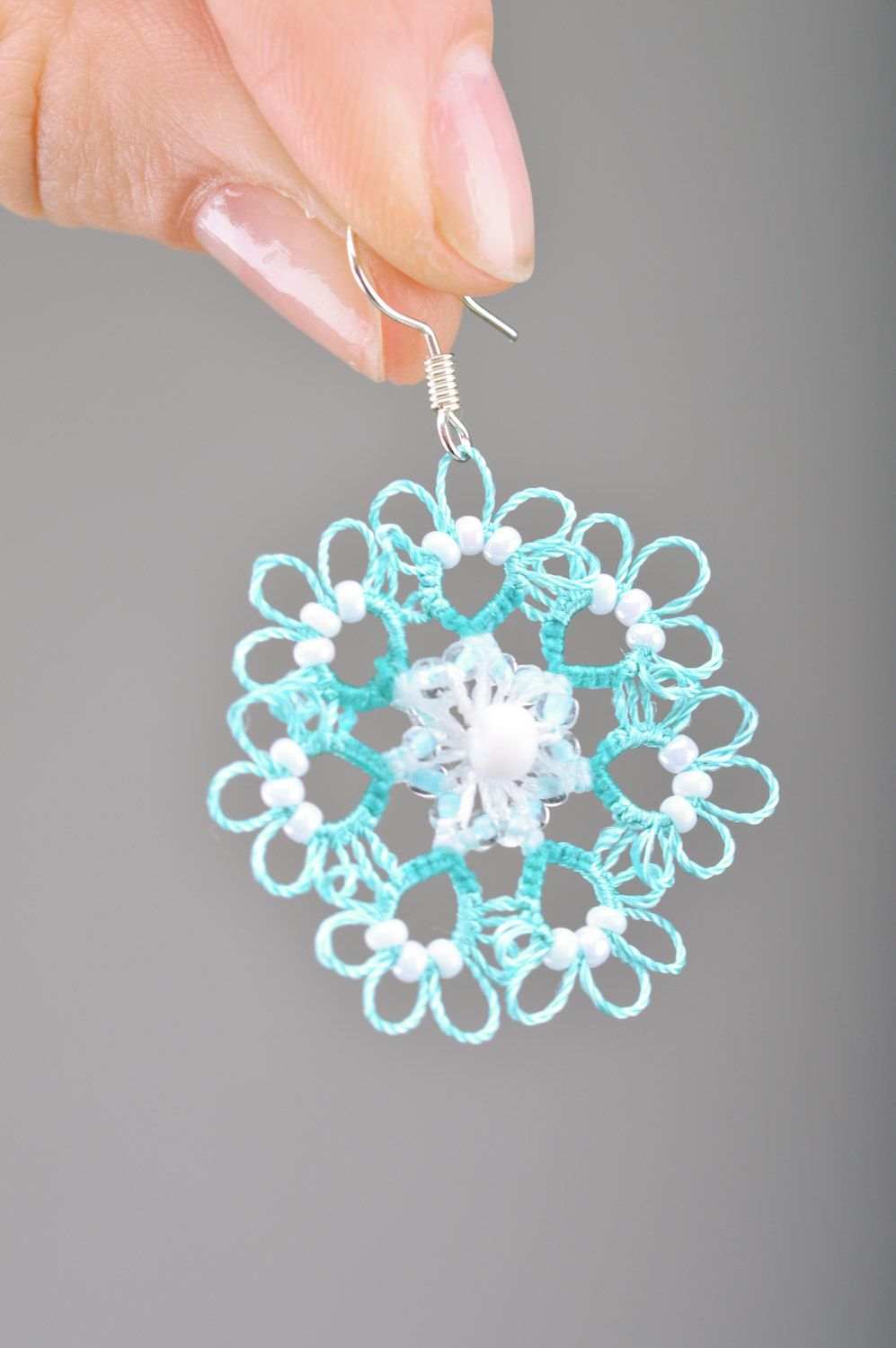 Light blue handmade woven tattings earrings with beads photo 1
