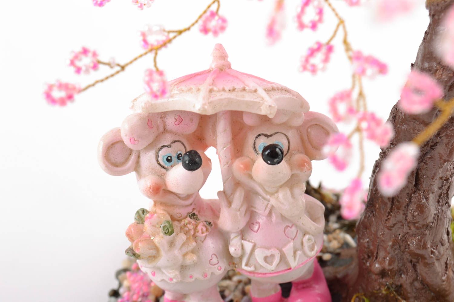 Handmade decorative beaded tree pink blooming sakura with small lamb figurines photo 2