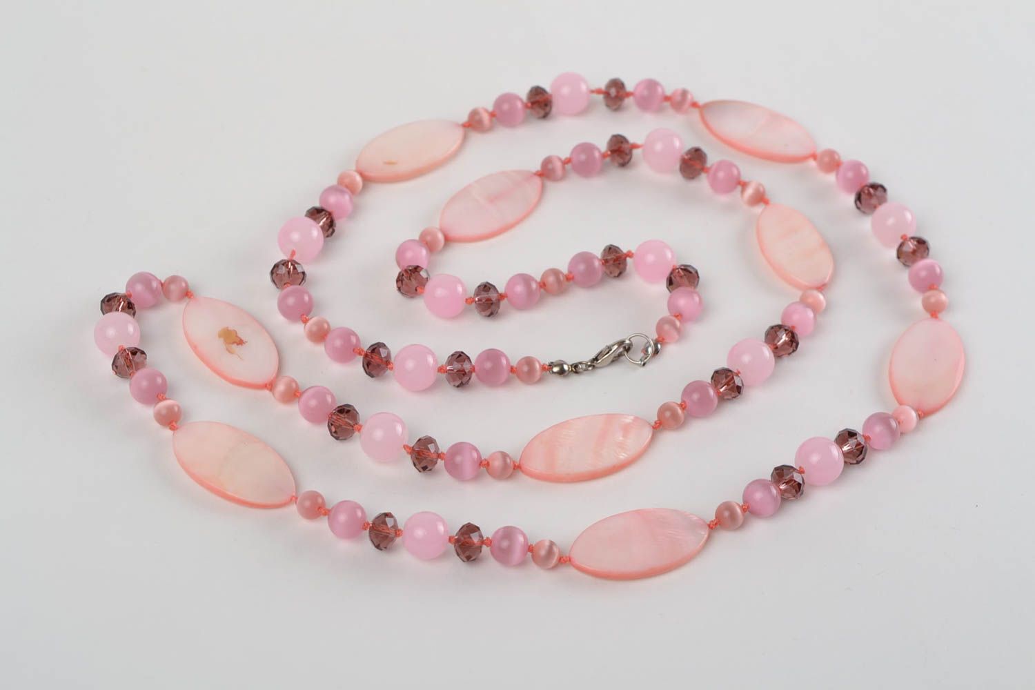 Pink handmade elegant necklace made of natural stone and Czech glass photo 5
