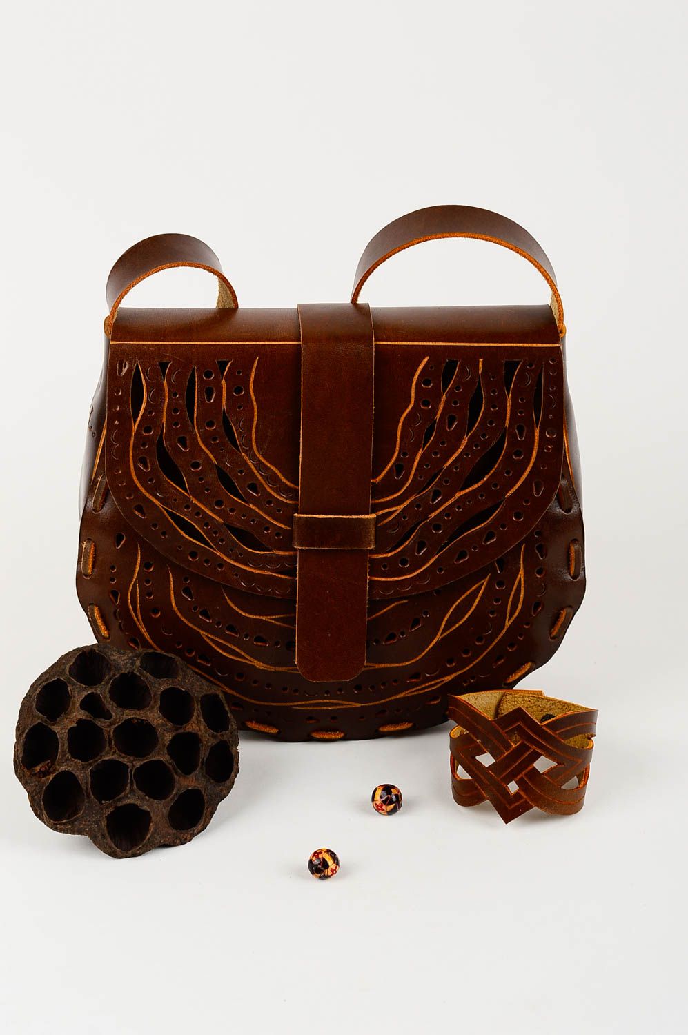 Handmade leather bag leather bag natural leather handbag carving design bag  photo 1