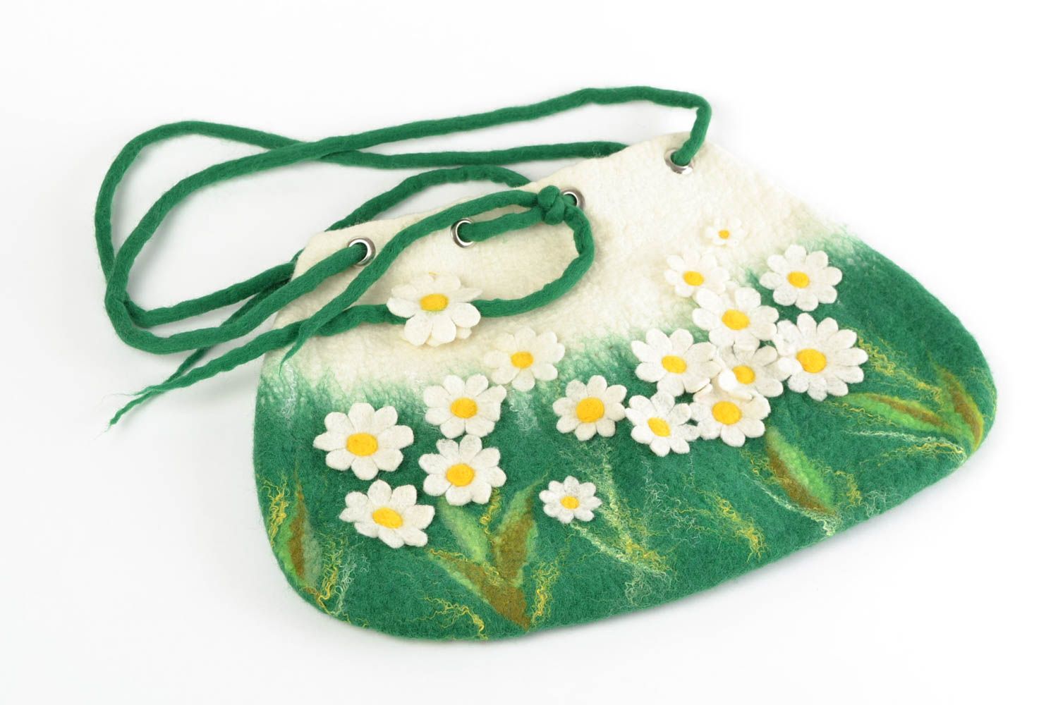 Sac à main en laine feutrée blanc et vert fait main avec fleurs anses longues photo 3