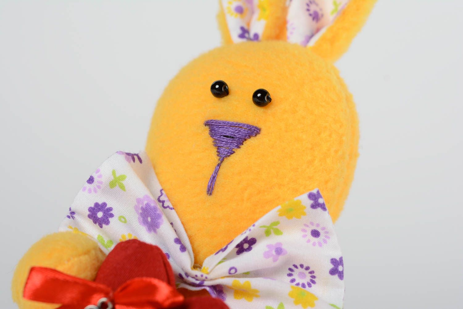 Handmade fleece soft toy bright yellow rabbit with bow tie and red soft heart photo 2