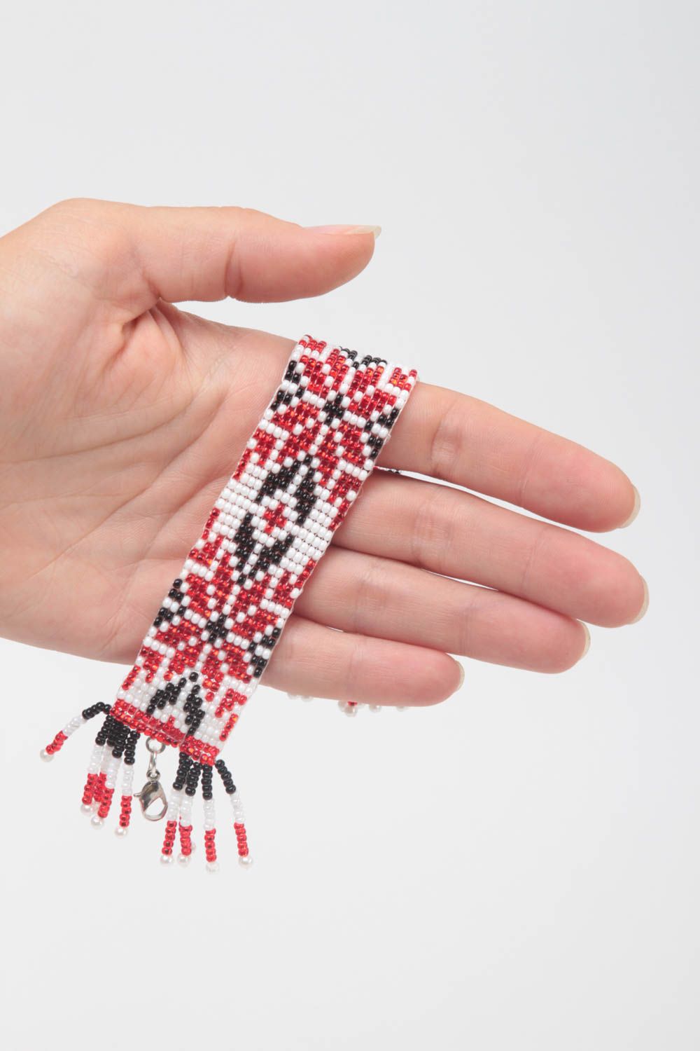 Handmade ethnic Ukrainian style beaded bracelet in red, black and white color for women photo 5
