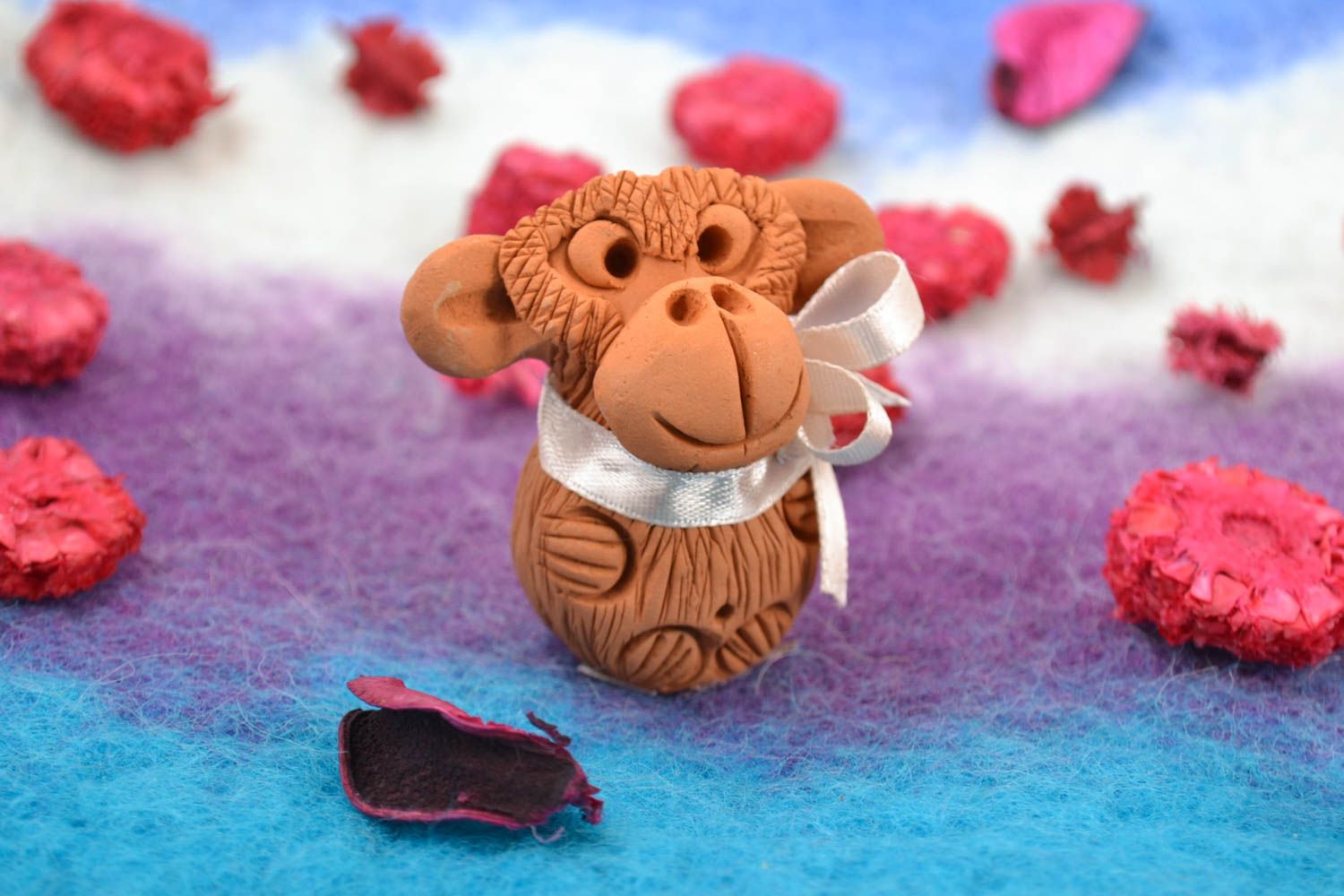 Handmade collectible miniature ceramic figurine of monkey with white bow photo 1