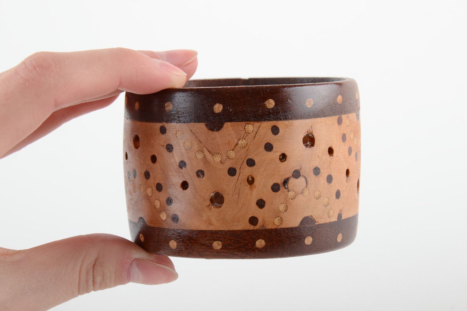 Handmade two-colored wide wooden wrist bracelet with inlay and perforation  photo 4