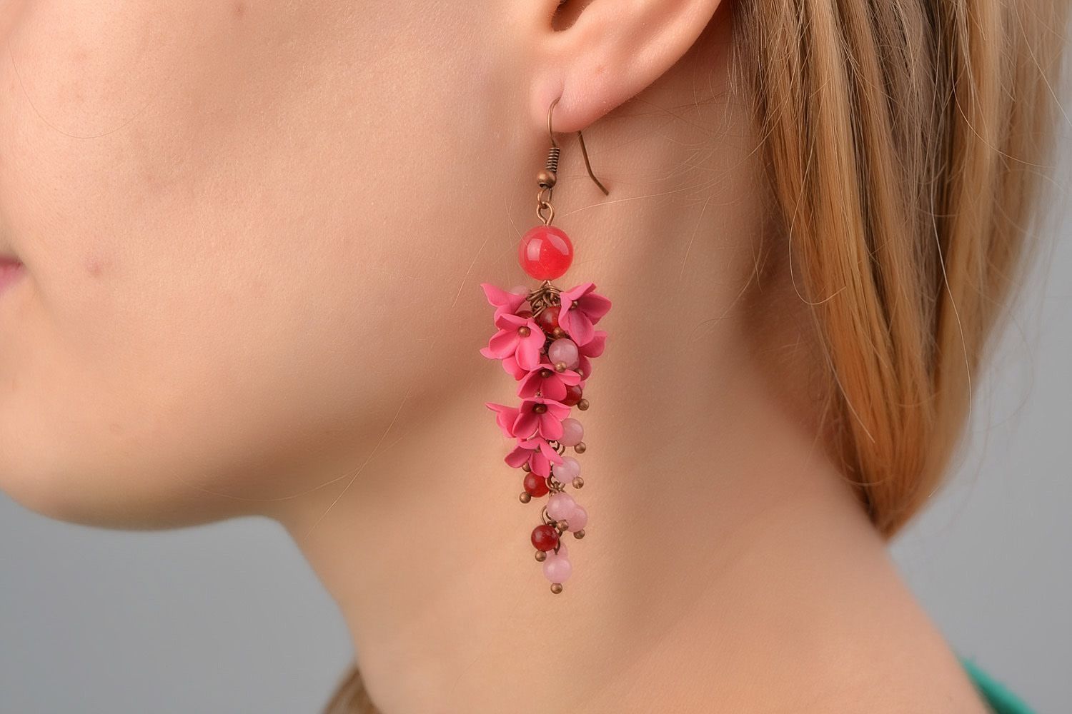 Cute handmade long earrings with polymer clay pink flowers with nephrite stone photo 2