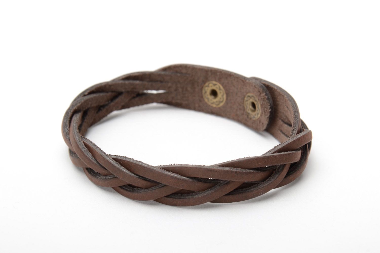 Handmade wrist bracelet woven of brown genuine leather with metal studs photo 3