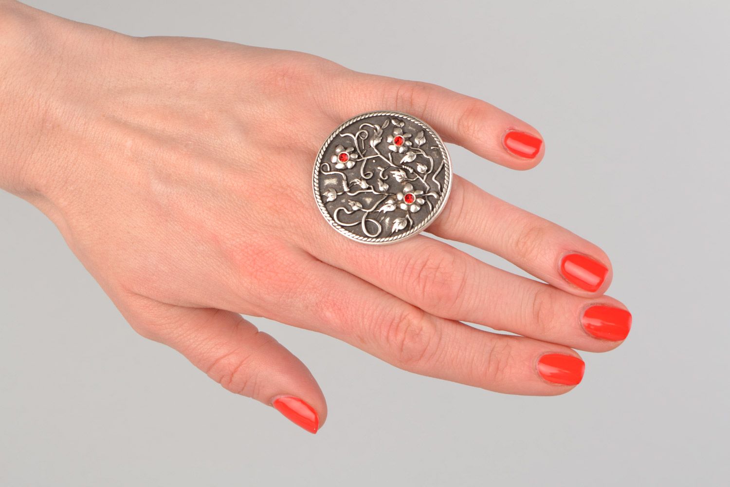 Handmade metal round ring with rhinestones and ornament in ethnic style for women photo 2