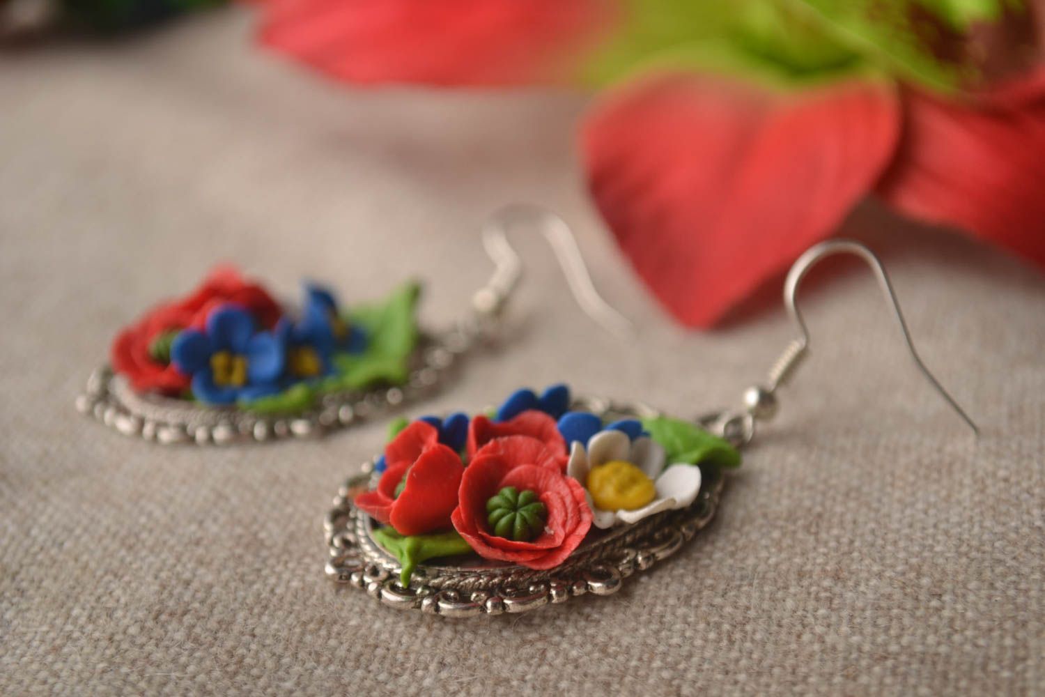 Boucles d'oreilles fleurs des champs Bijou fait main ovales vintage Cadeau femme photo 1