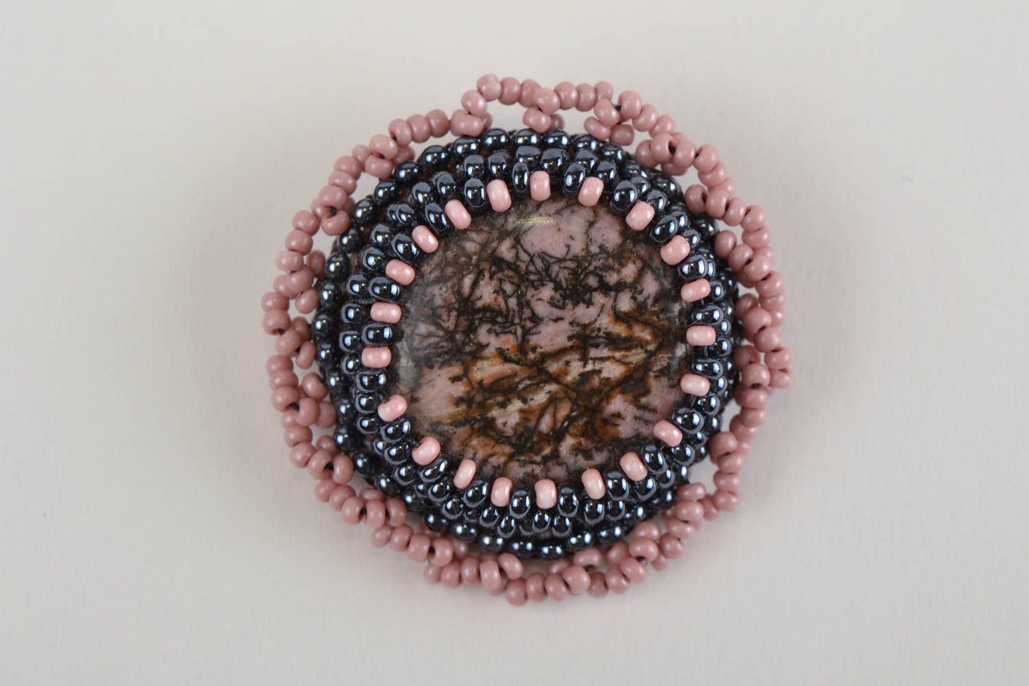 Handmade female evening round beaded brooch made of natural stone photo 4