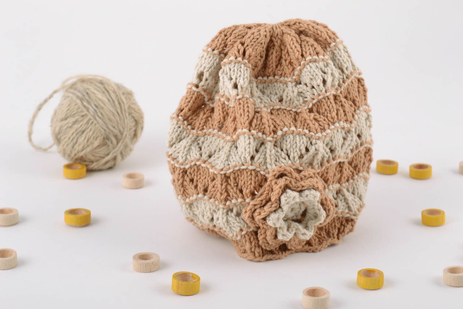 Handmade baby girl hat crocheted of light beige cotton threads size 340 mm photo 1