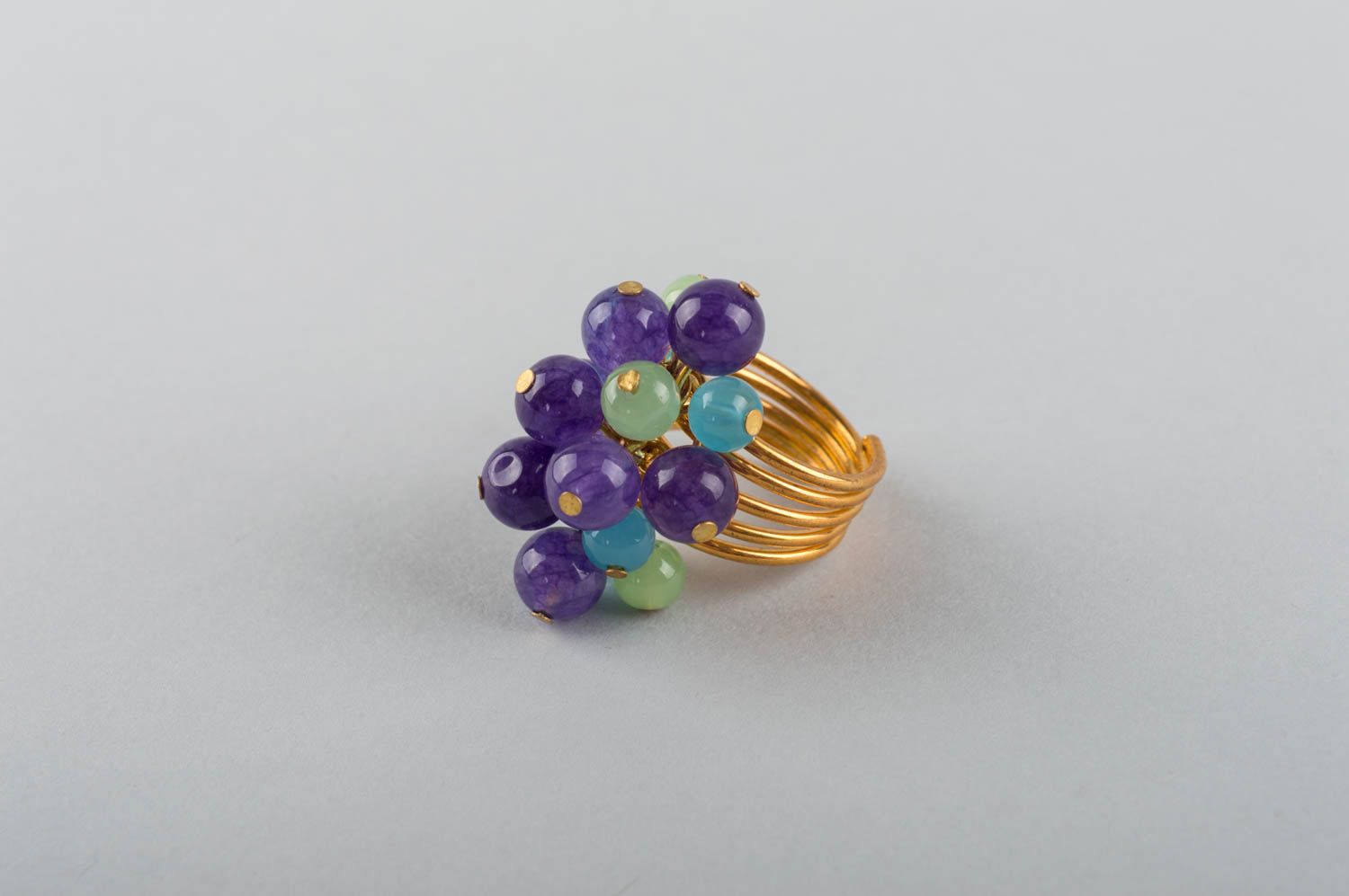 Handmade jewelry ring with latten basis and natural stone beads in blue colors photo 2