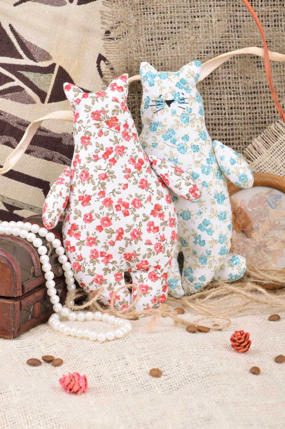 Handmade set of fabric toys 2 pieces made of cotton with flower pattern photo 1