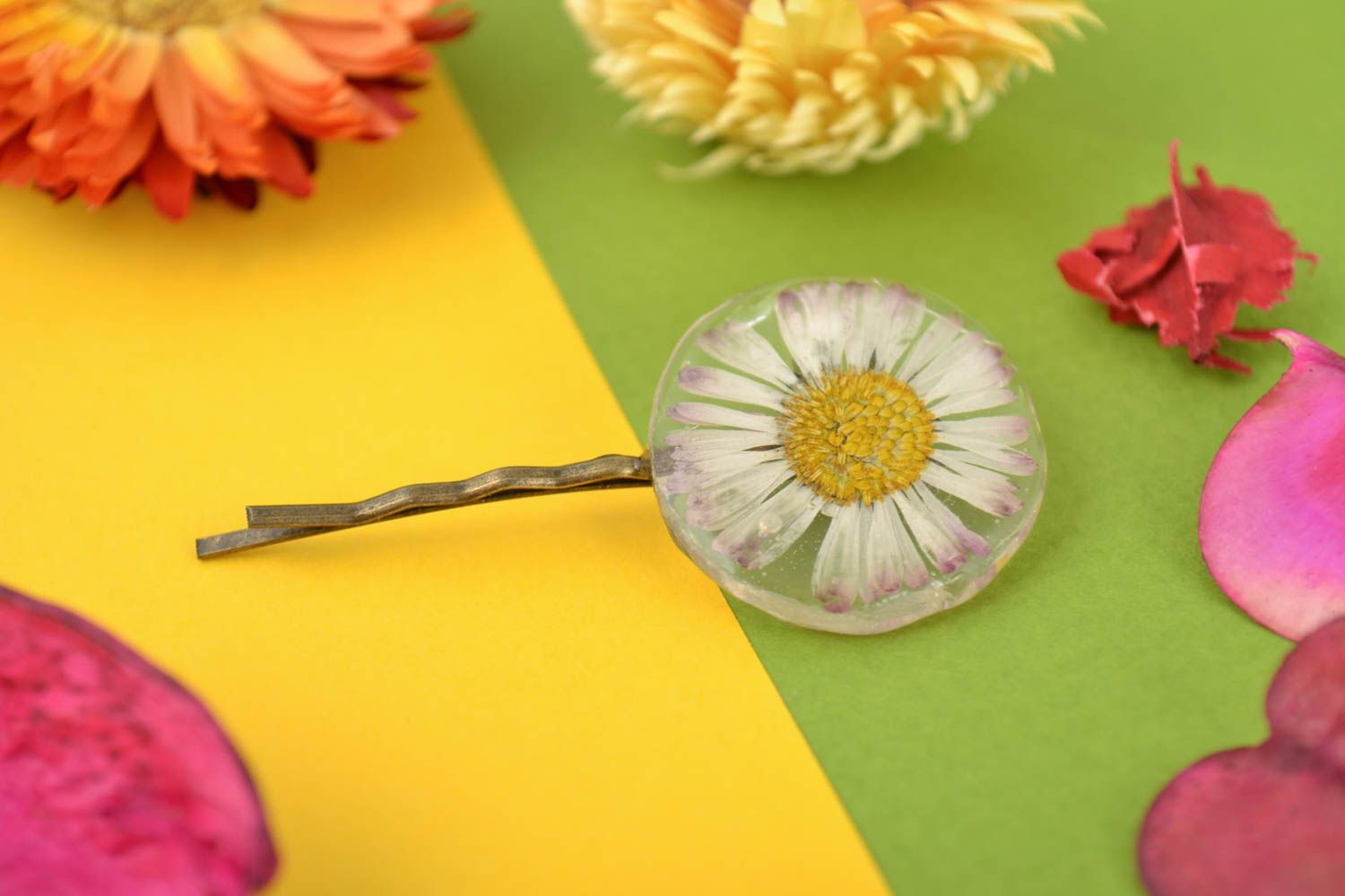 Handmade decorative metal hair pin with natural dried flower in epoxy resin photo 1