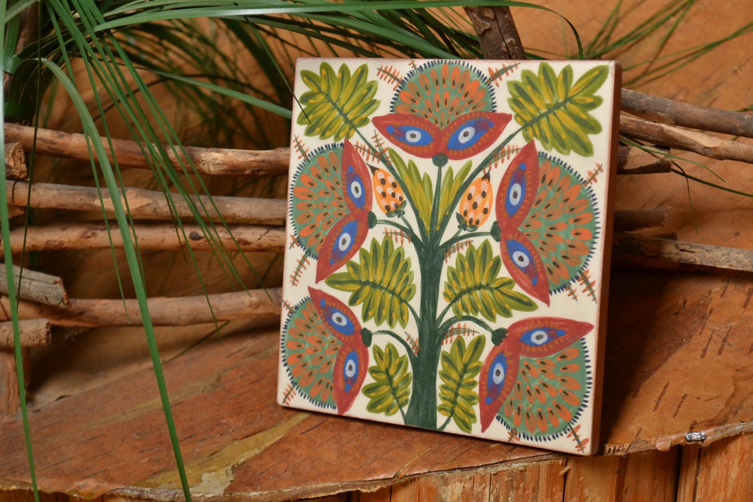 Handmade decorative square ceramic facing tile painted with engobes with flowers photo 1