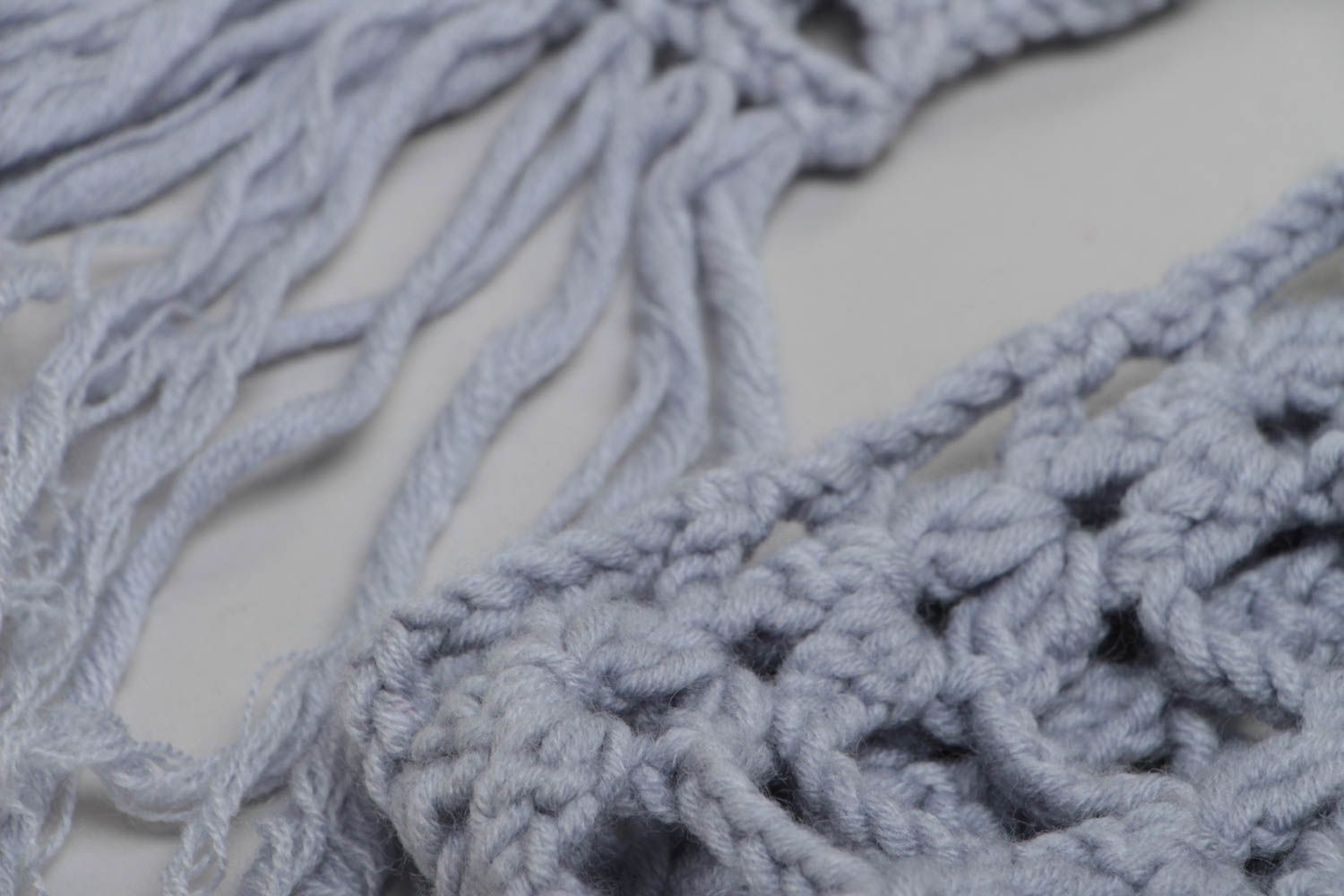 Beautiful handmade long gray crochet scarf created of wool and acrylic threads photo 4