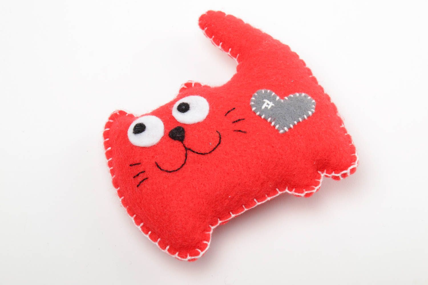 Handmade small red felt soft toy red cat with gray heart for kids and decor photo 2