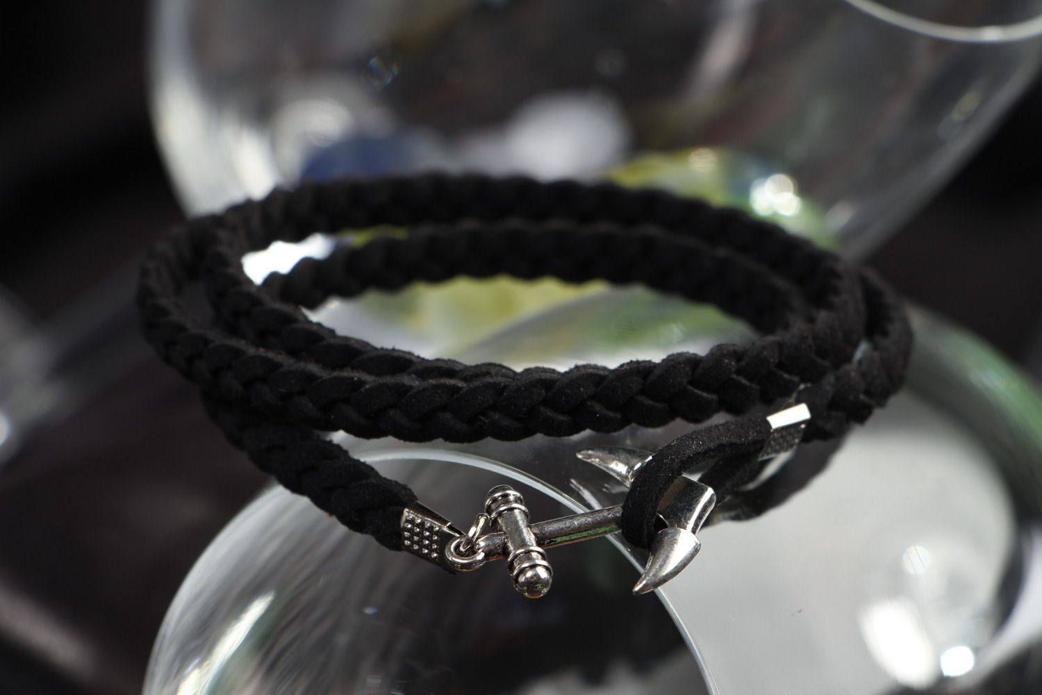 Handmade friendship bracelet woven of faux suede cord of black color with anchor photo 4