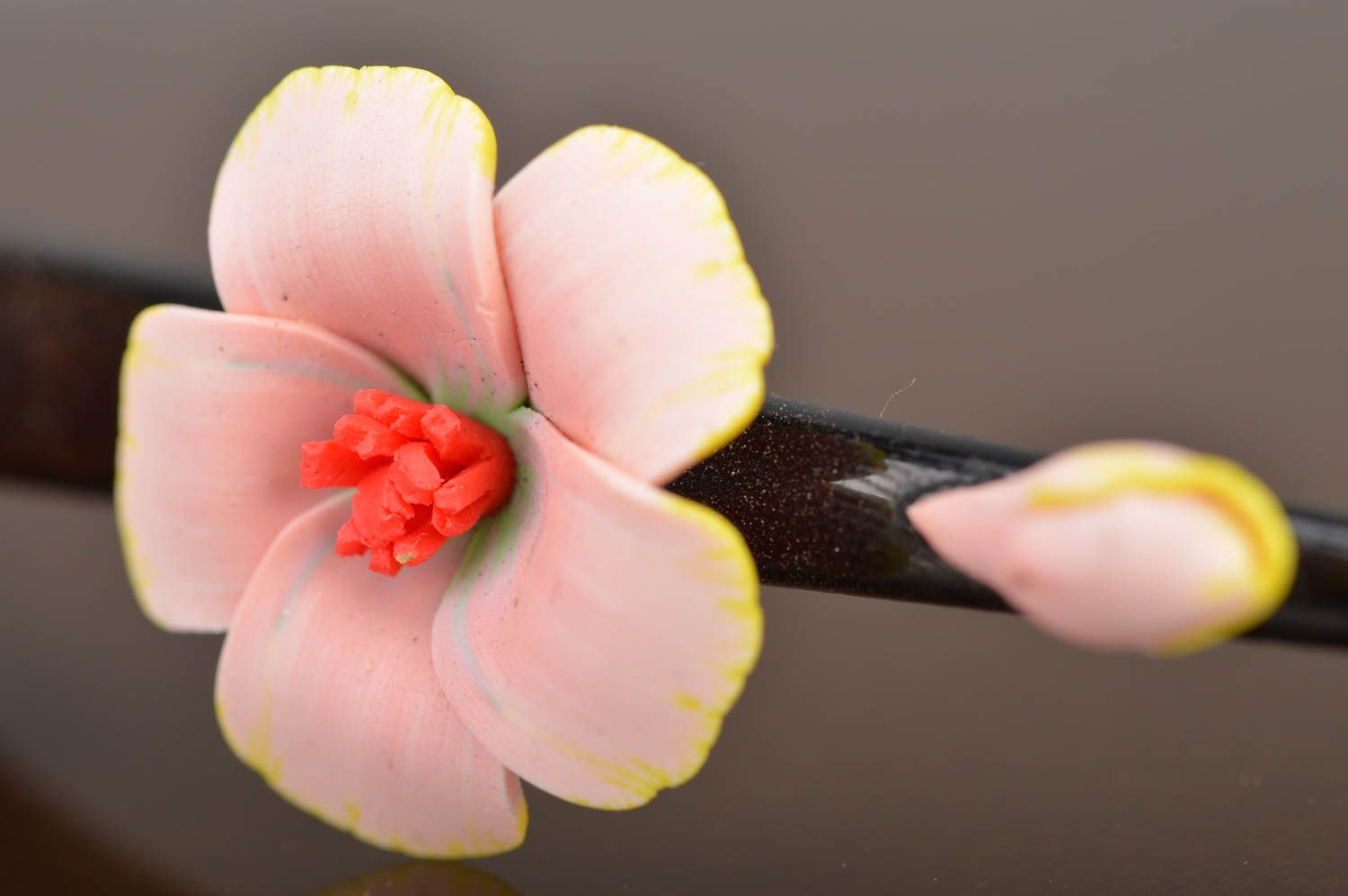 Handmade large metal hair clip with tender polymer clay pink sakura flowers photo 4