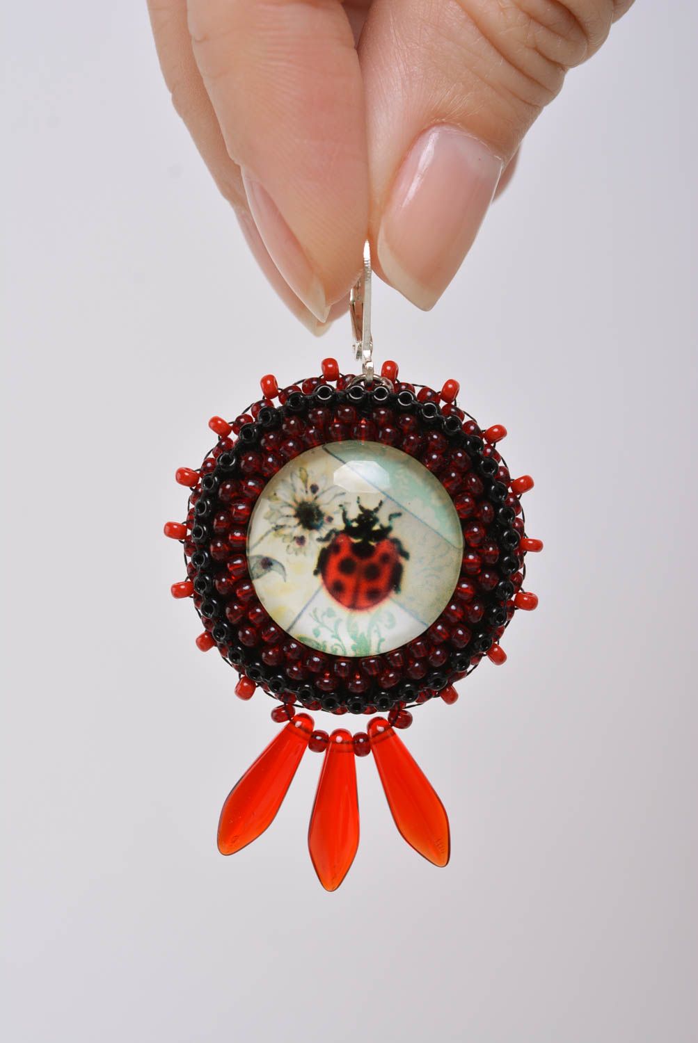 Beautiful women's handmade designer beaded dangle earrings Ladybug photo 3