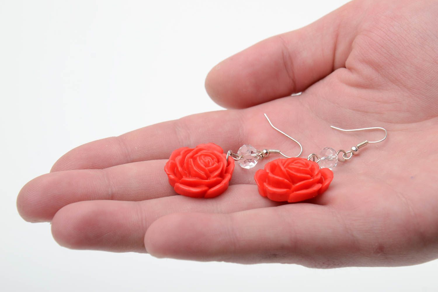 Handmade small polymer clay floral dangling earrings red roses for ladies photo 2