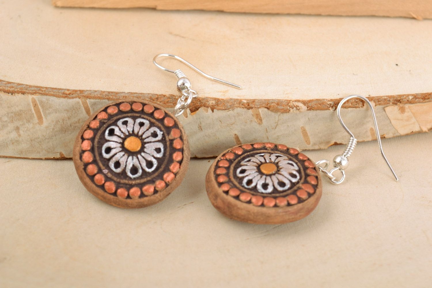 Round-shaped ethnic ceramic earrings ornamented with acrylic paints handmade photo 1
