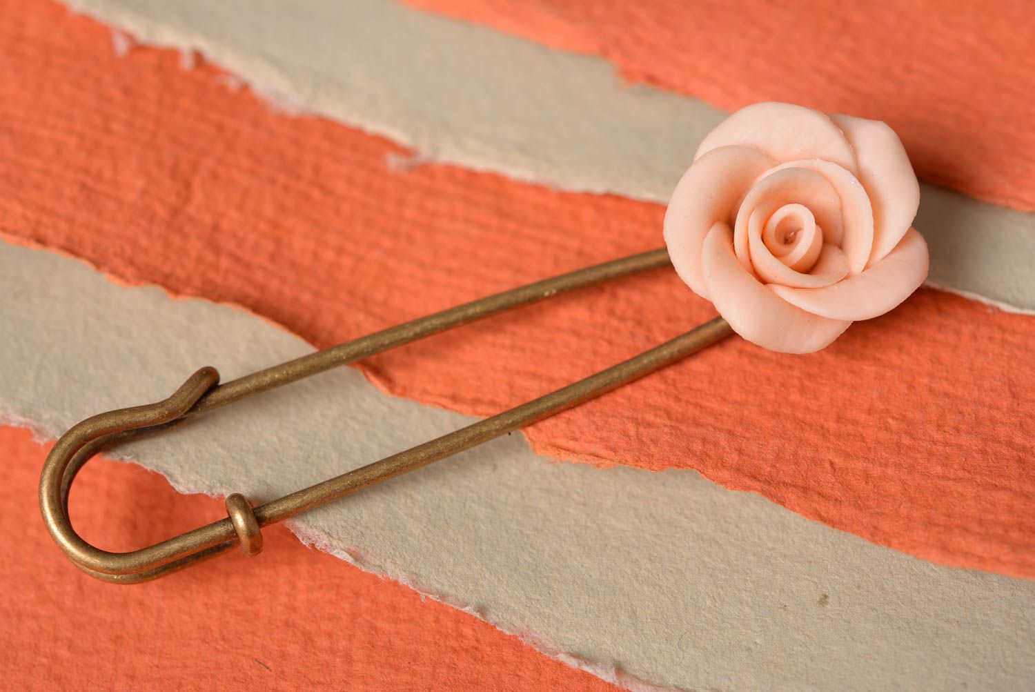 Handmade large metal pin brooch with pink flower molded of polymer clay photo 1