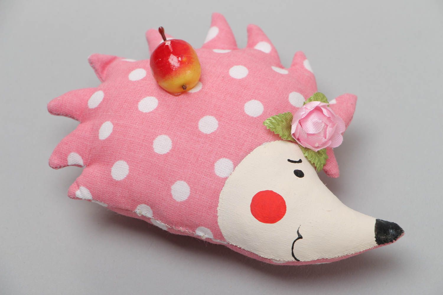 Handmade fridge magnet soft toy sewn of polka dot pink cotton fabric Hedgehog photo 2