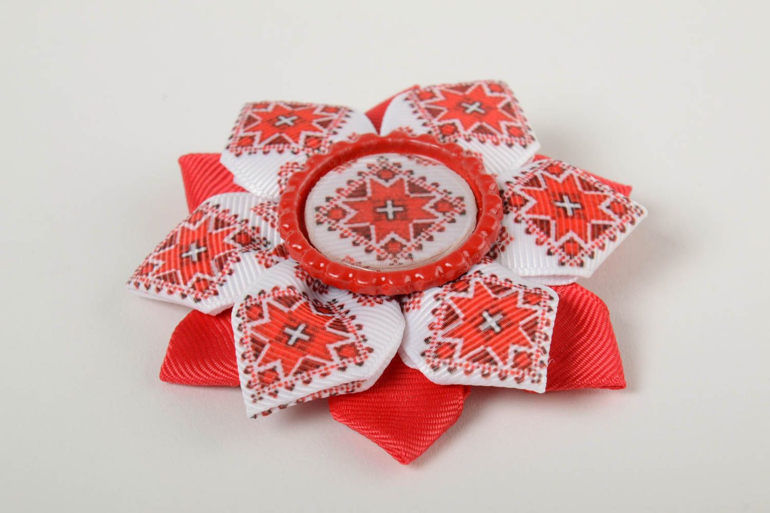 Beautiful handmade rep ribbon textile hair tie of red color in ethnic style photo 2