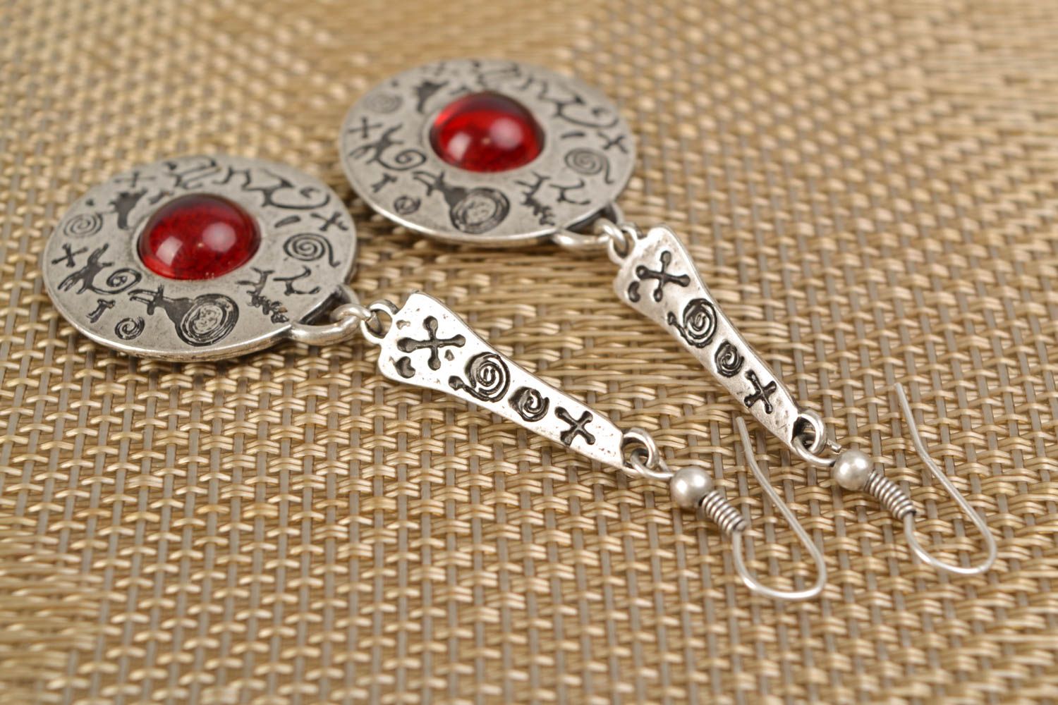 Long metal earrings with red cabochons photo 1