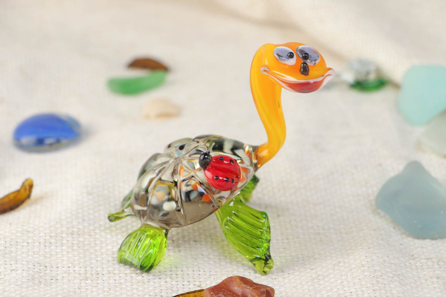 Handmade collectible miniature lampwork glass animal figurine of colorful turtle photo 1