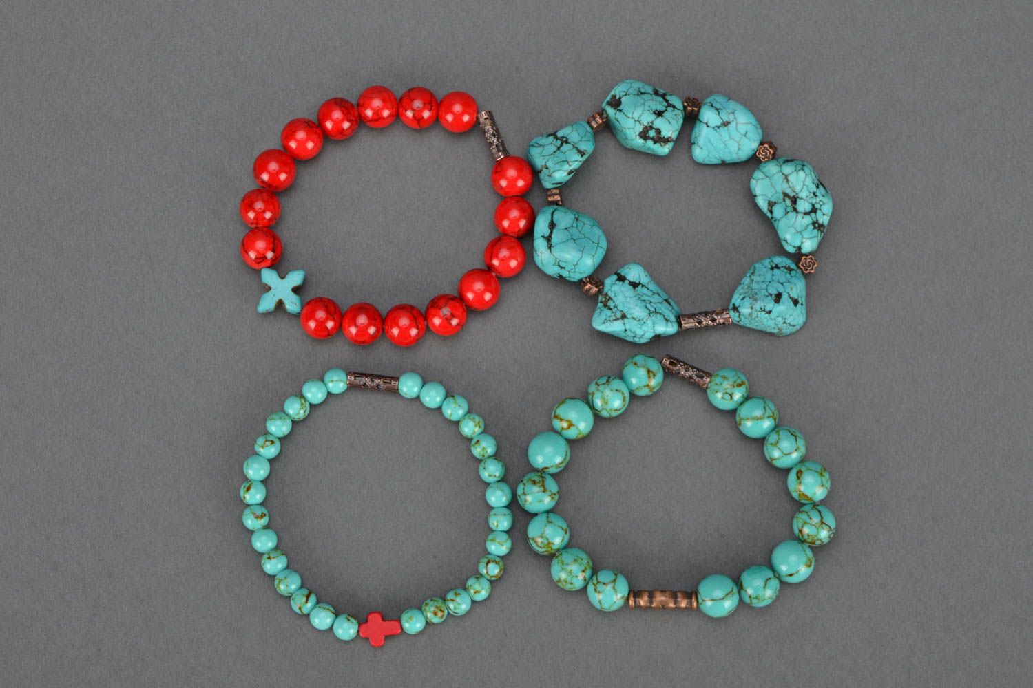 Natural stone bracelet of red and turquoise colors photo 4