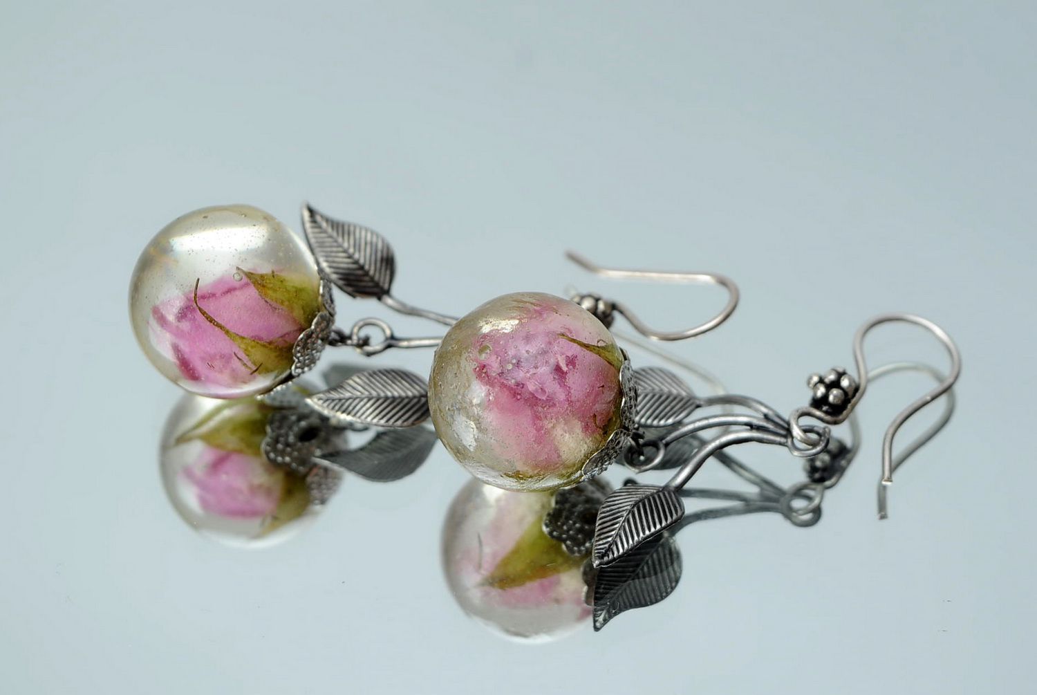 Silver earrings with buds of tea roses photo 1