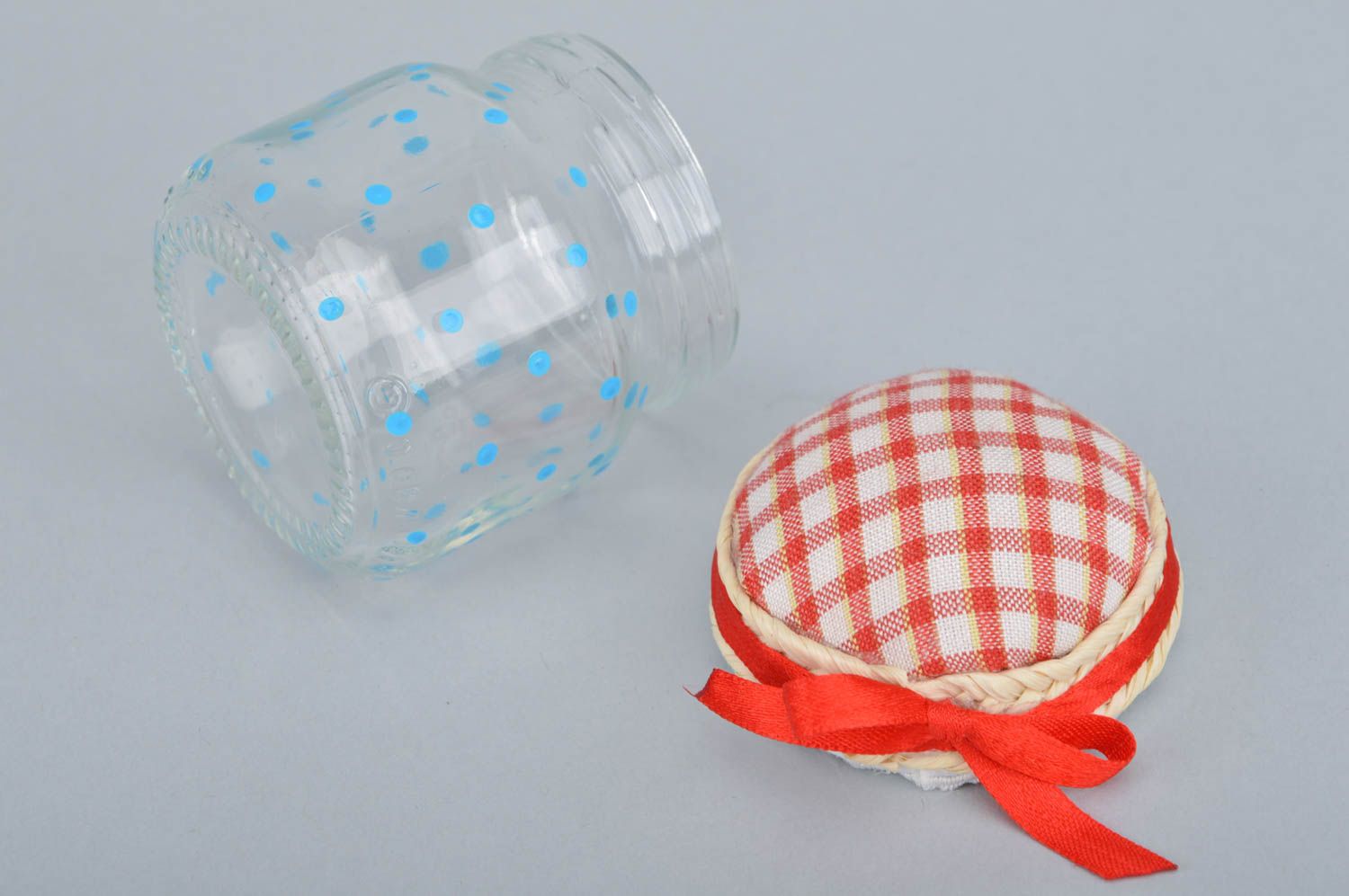 Unusual beautiful handmade checkered fabric pincushion with glass jar basis photo 5