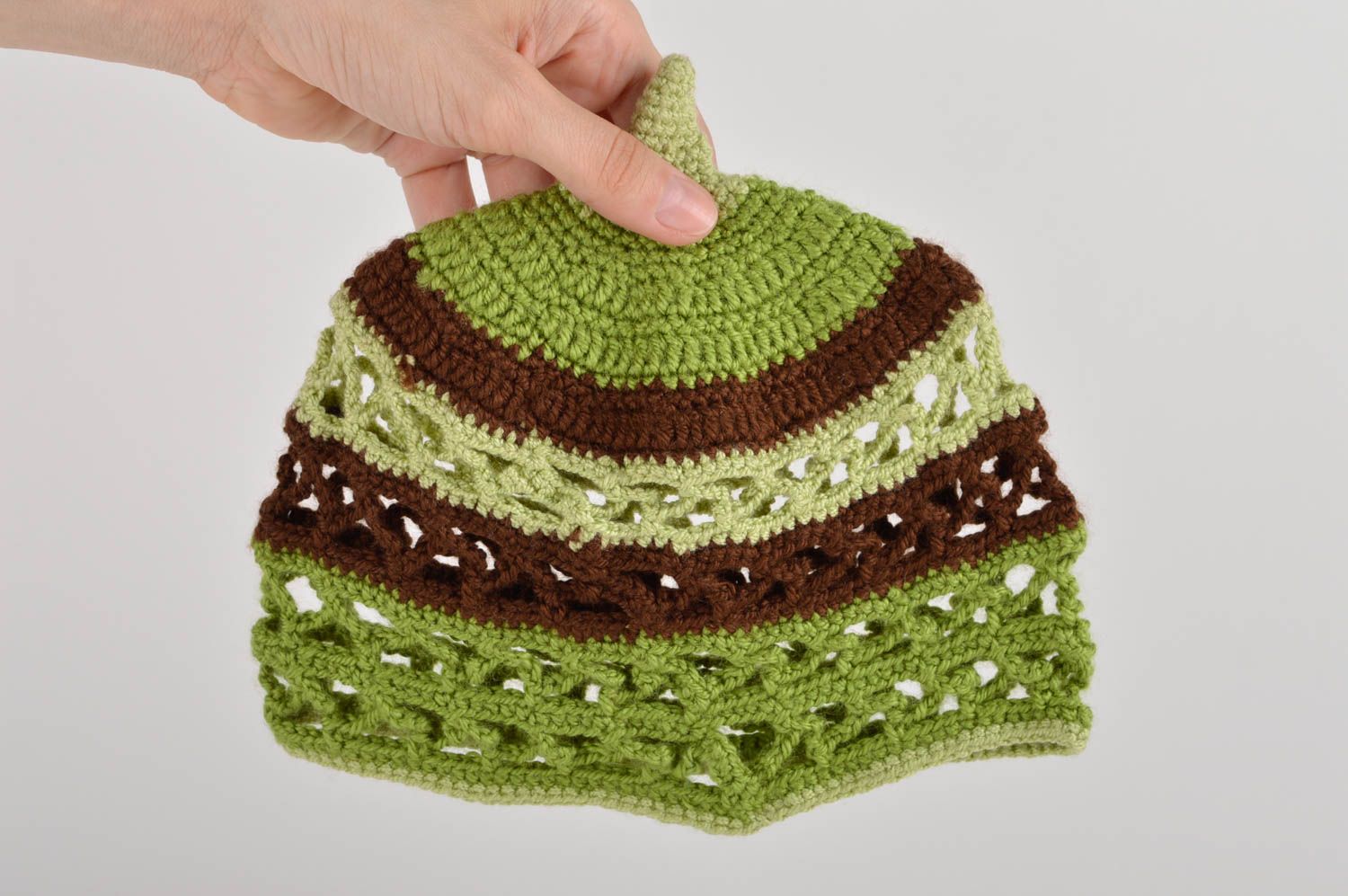 Bonnet tricot Chapeau fait main ajouré vert de fils de coton Vêtement femme photo 5