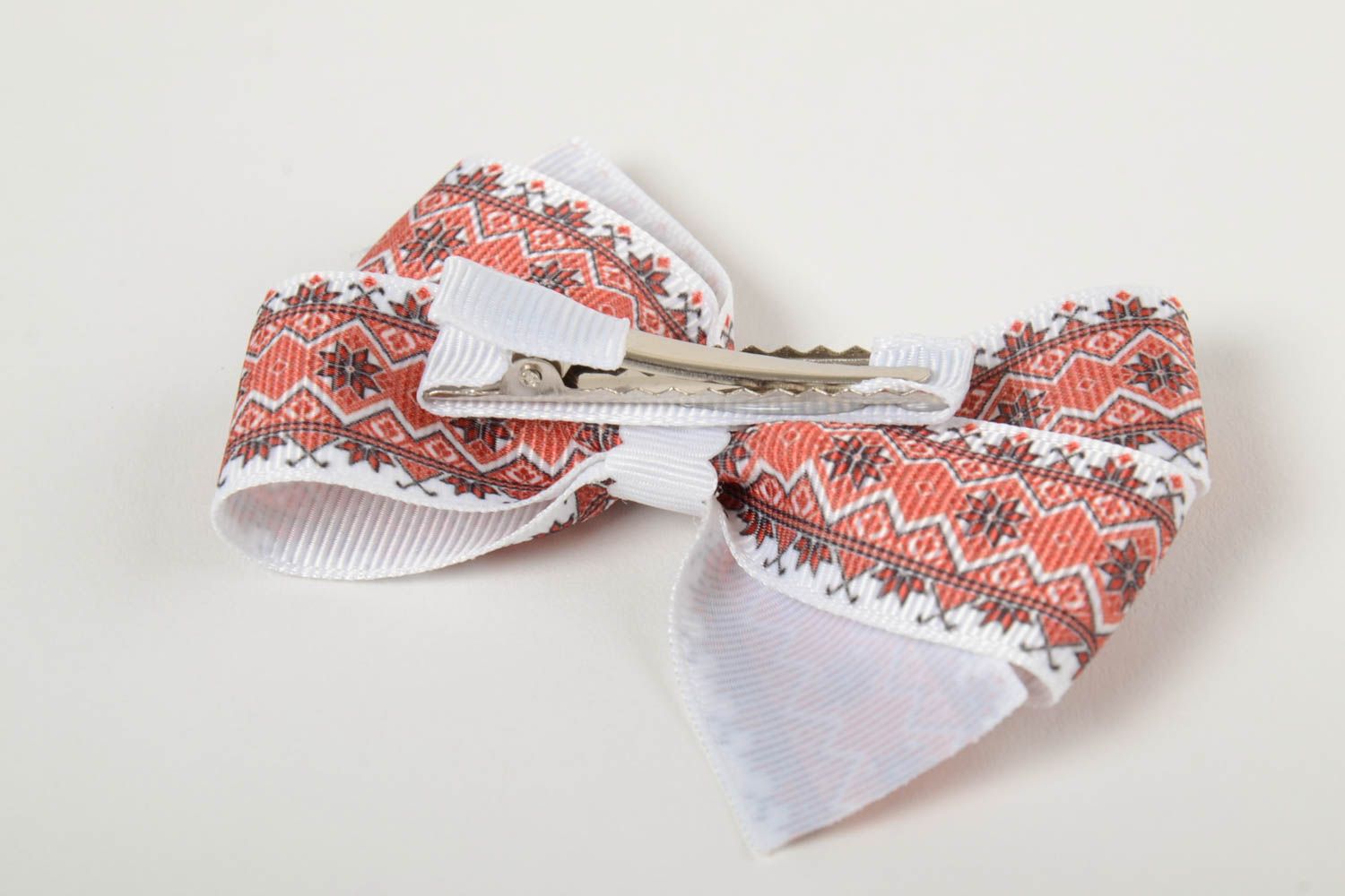 Bow handmade hair barrette in ethnic style for girl red and white photo 4