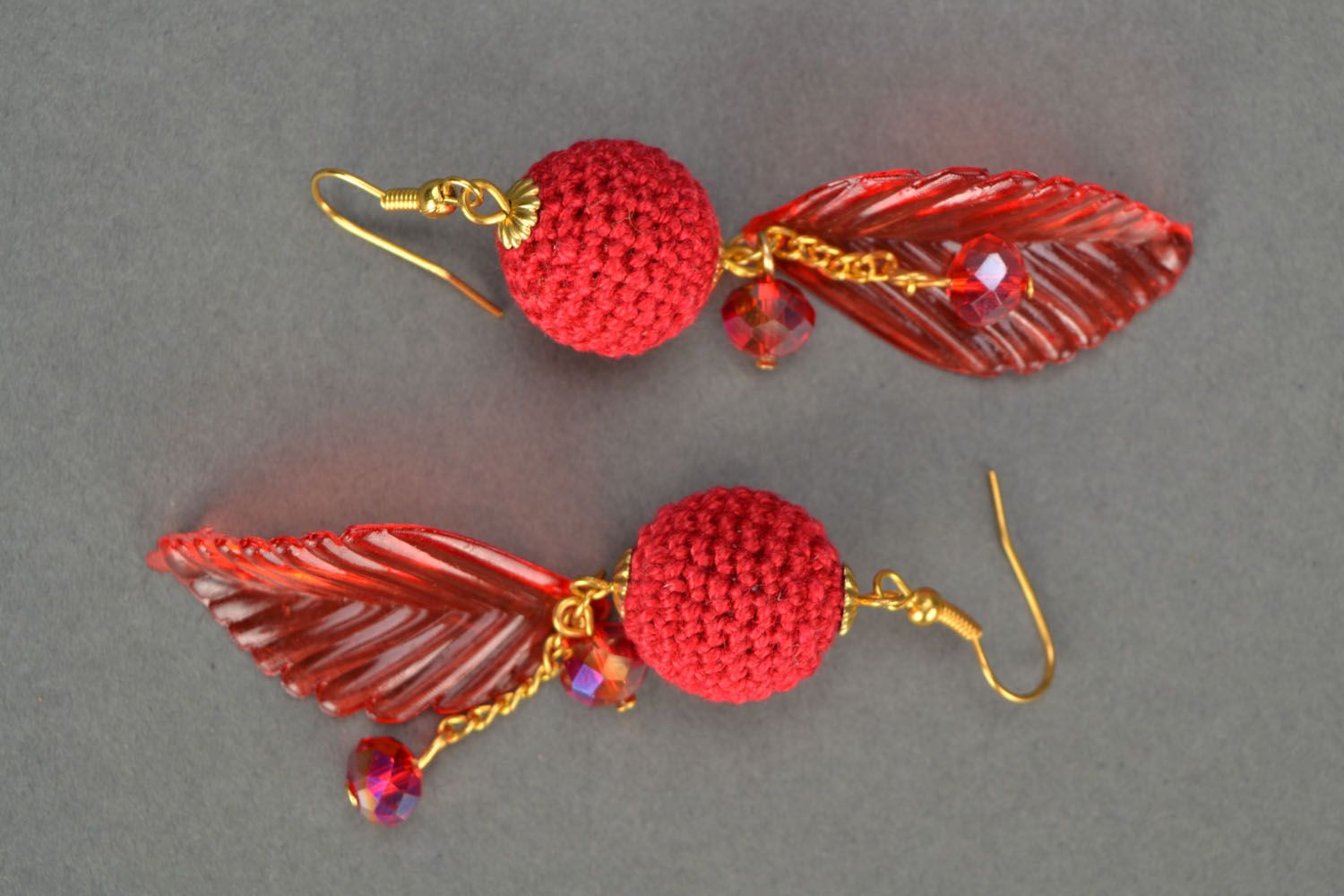 Homemade long crochet earrings Red Autumn photo 3