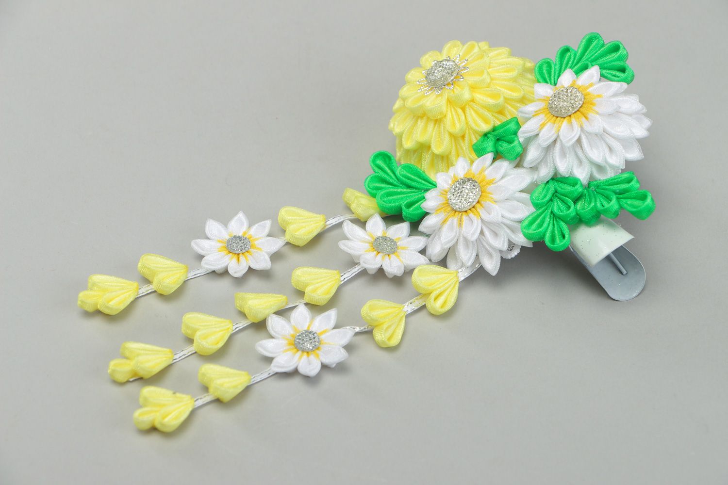 Kanzashi hair clip hand made of satin ribbons in green yellow and white colors photo 1