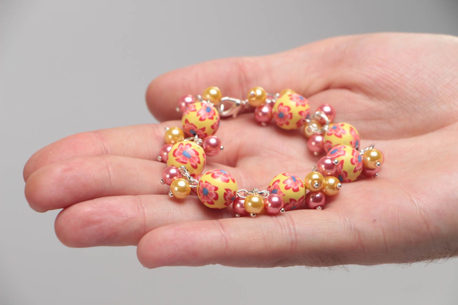 Handmade yellow children's polymer clay bracelet with charms and beads photo 5