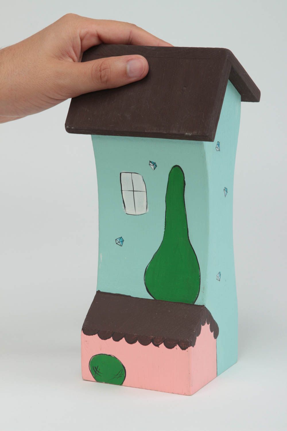 Maisonnette en bois fait main Petite statuette peinte design Déco intérieur photo 5