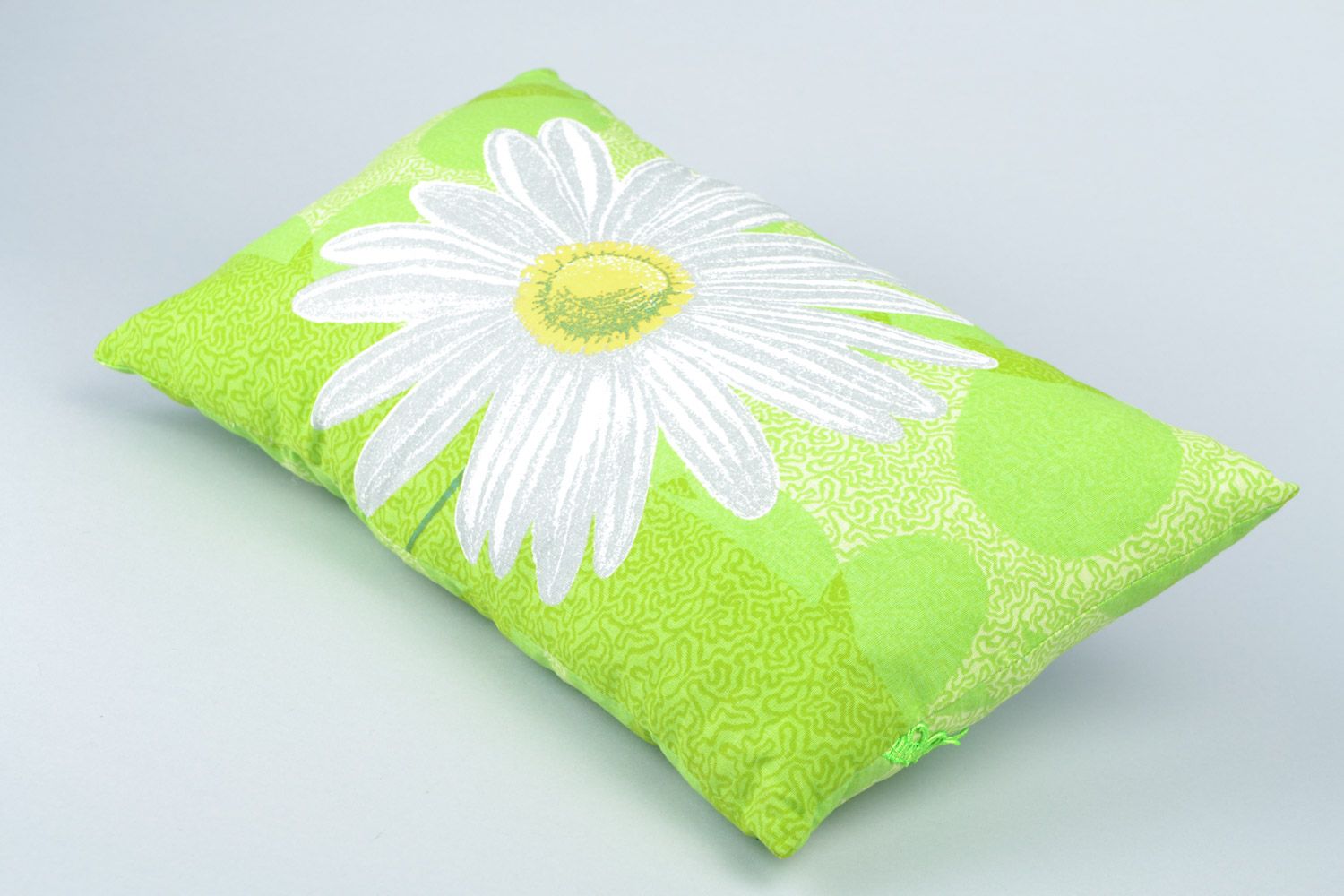 Handmade rectangular accent pillow of tender green color with chamomiles photo 5