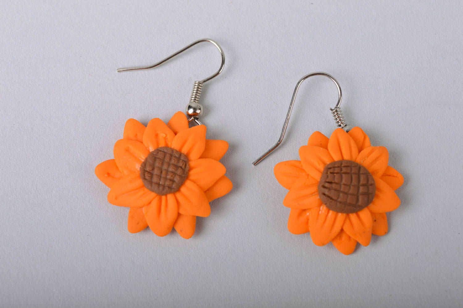 Handmade bright designer dangle earrings with orange cold porcelain flowers photo 2