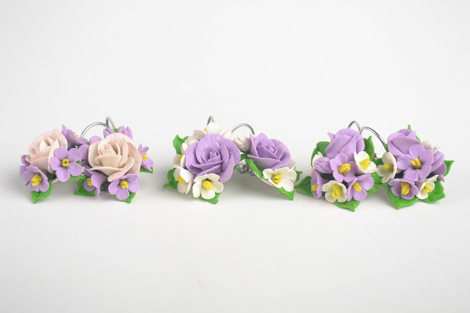 Handmade cold porcelain bijouterie three pairs of earrings present for girls photo 3