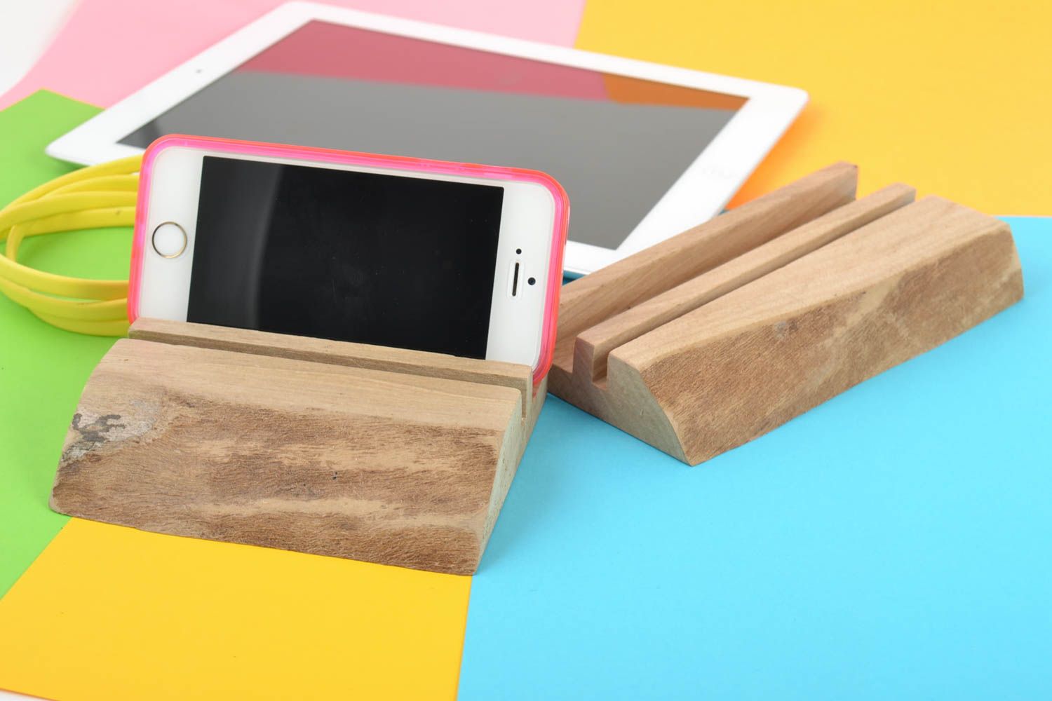 Set of 2 homemade designer wooden gadget holders for tablet and smartphone photo 1