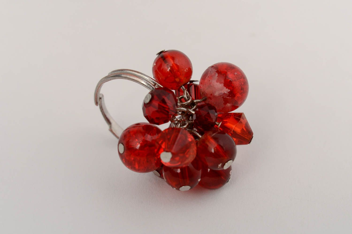 Handmade designer jewelry ring on metal basis with red glass and crystal beads photo 2