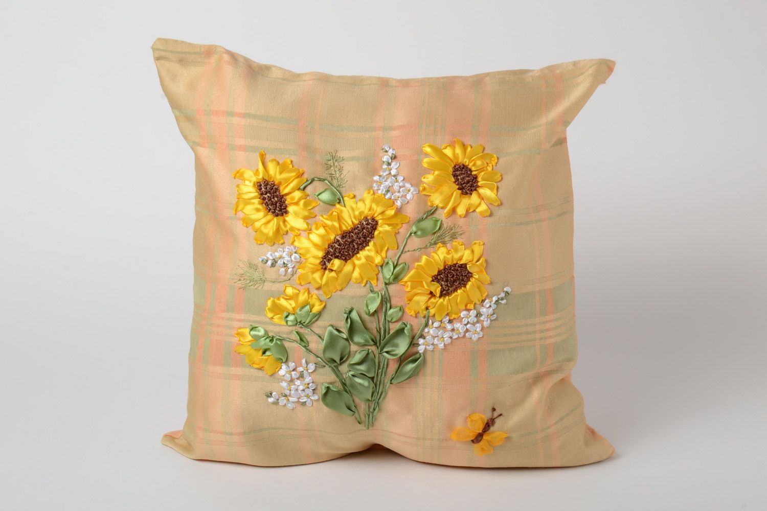 Handmade satin ribbon embroidery pillow case with flowers and button photo 1