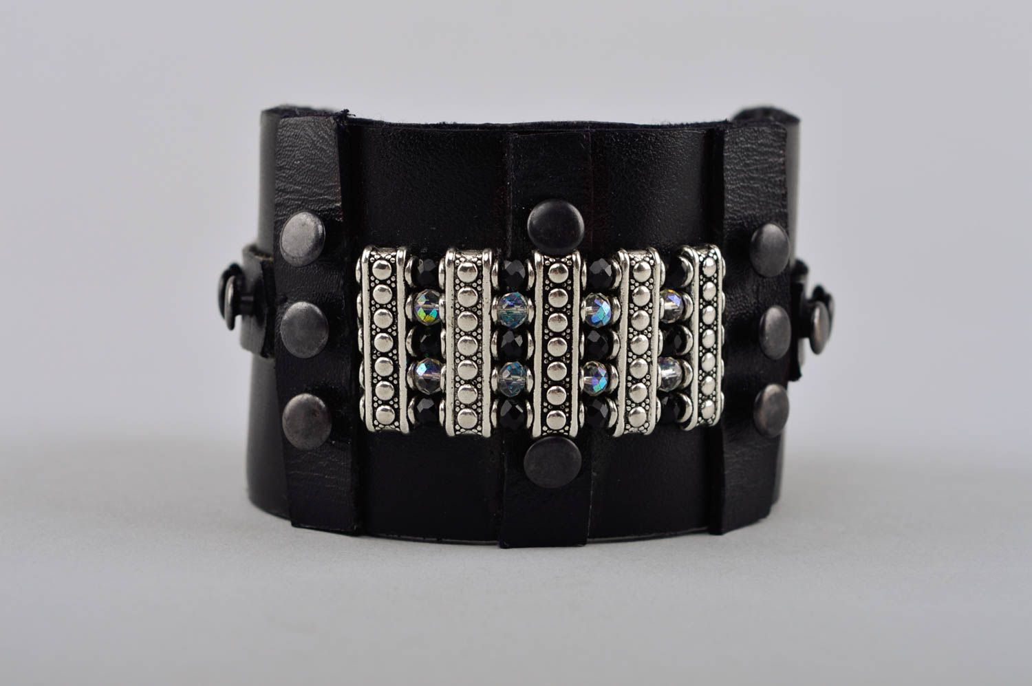 Bracelet noir Bijou fait main cuir cristaux design tendance Cadeau femme photo 3
