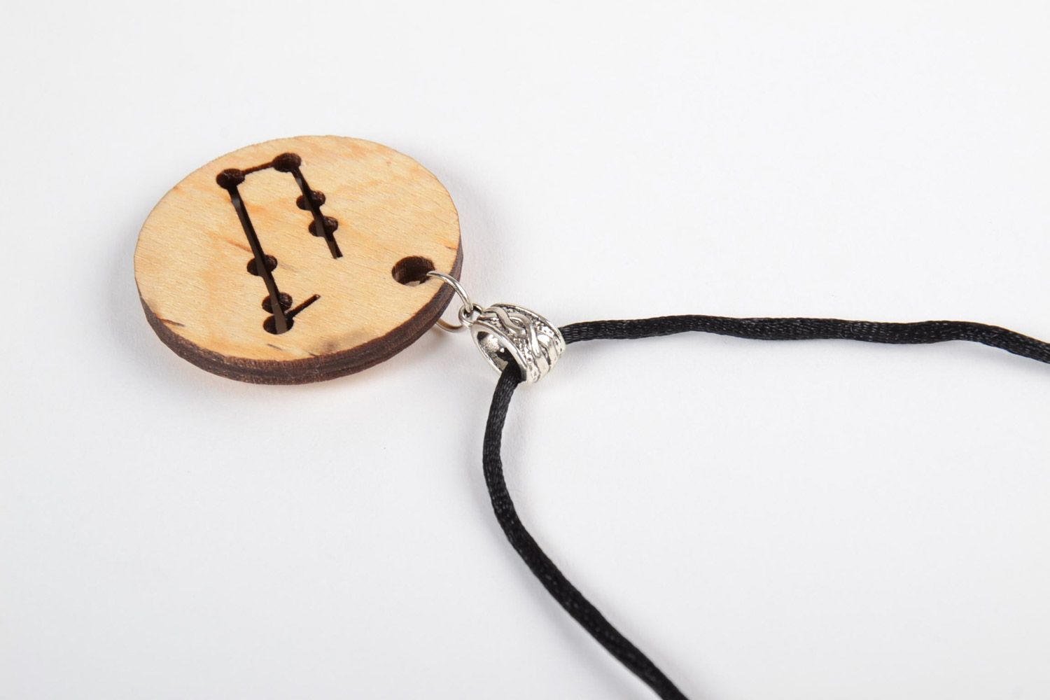 Handmade round wooden pendant with constellation on a long cord designer's jewelry photo 5