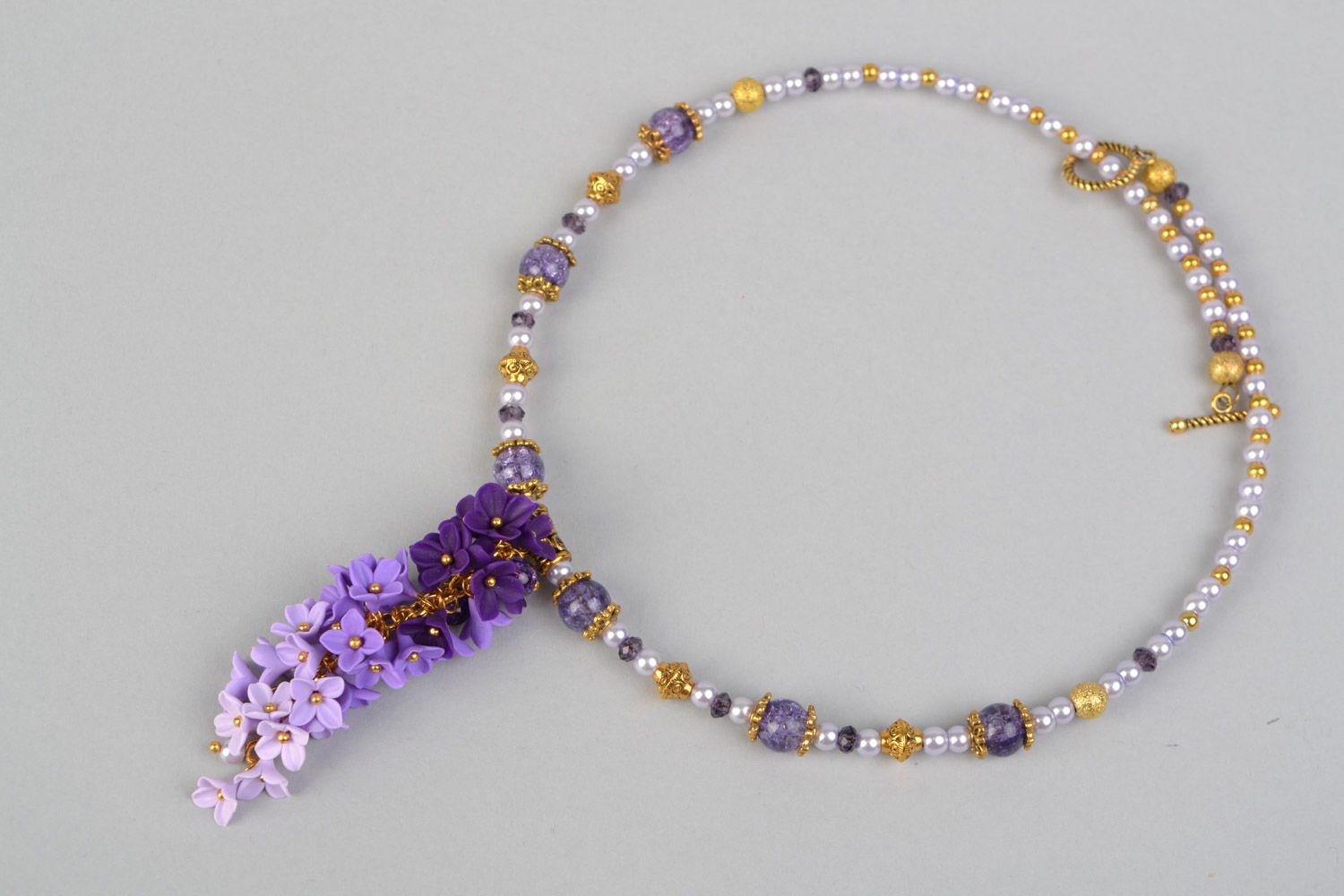 Handmade schönes lila Blumen Collier aus Polymerton mit Perlen Vergißmeinnicht foto 2