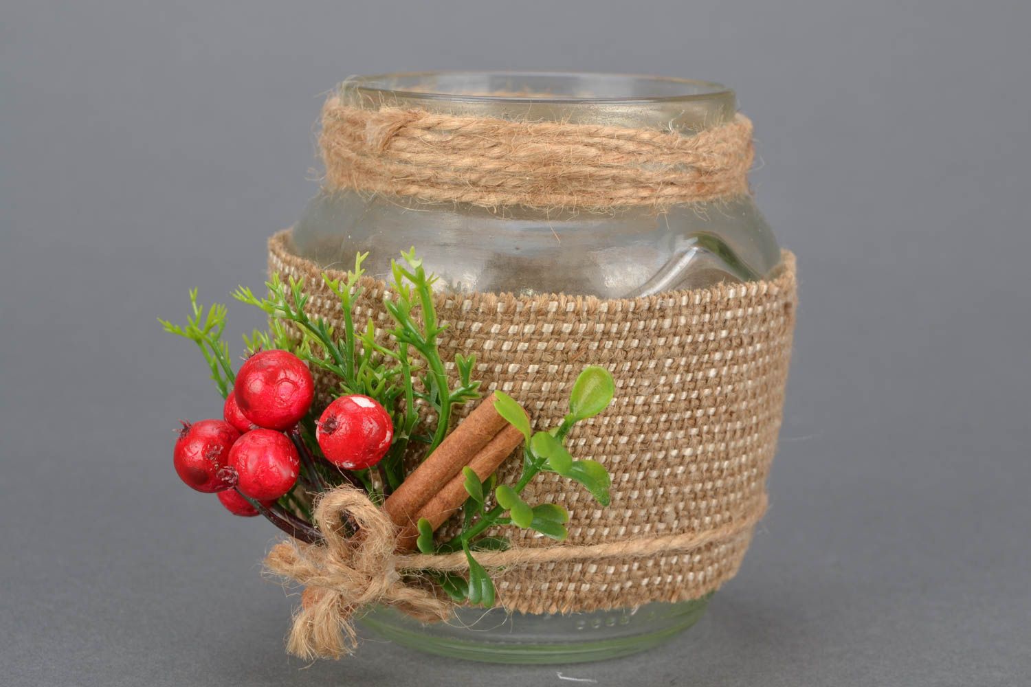 Glass candle holder in the shape of jar with guelder-rose photo 1